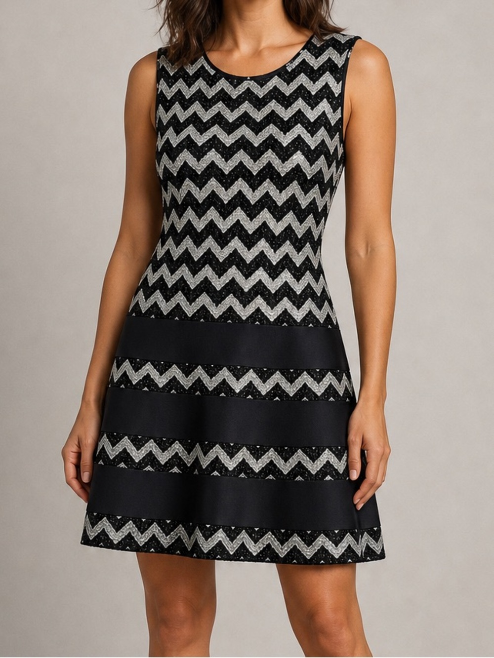 Betsy & Adam Black Silver Sequin Chevron Fit Flare Cocktail Dress Size 12